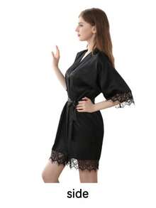 Solid Color Short Sleeve Bathrobe, Lightweight Home Robe, Stylish Bridal Getting Ready Gown For Wedding & Bachelorette Party - Black - View 10