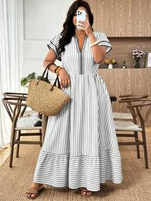 Weeklong Gaun Kasual Wanita Ukuran Plus Motif Garis-garis Kerah V dengan Trim Kontras Lapisan Ganda Lengan Bergelombang, Cocok untuk Pakaian Sehari-hari Musim Semi/Panas, Kantor, Jalan-jalan, dll. - MultiWarna - View 4