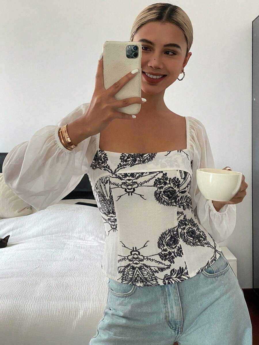 DAZY 女款休閒度假夏季全滿版花卉植物印花平口上衣圖案T恤 - 白色 - 查看 1