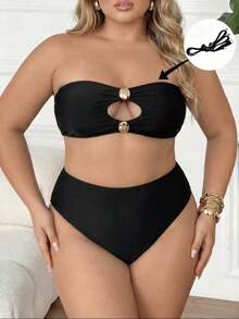 SHEIN CURVE+ Conjunto de bikini bandeau de vacaciones para mujer talla grande - Negro - Ver 5