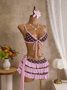Swim Mod Conjunto de bikini de 3 piezas para mujer con falda de tirantes finos, estampado aleatorio y lazo de encaje, primavera/verano - Multicolor - Ver 5