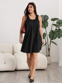 Solflare Plus Size Women's Solid Color Pleated Casual Vacation Sleeveless Dress Formal Vacation Black Summer - Black - View 4