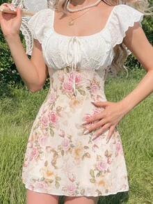 age con textura de jacquard con rosas, parches de encaje, volantes, lazo, mangas de mariposa, casual, para verano, vacaciones, fiestas, bodas, graduaciones, paseos, vacaciones, en color rosa - Rosa - Ver 2