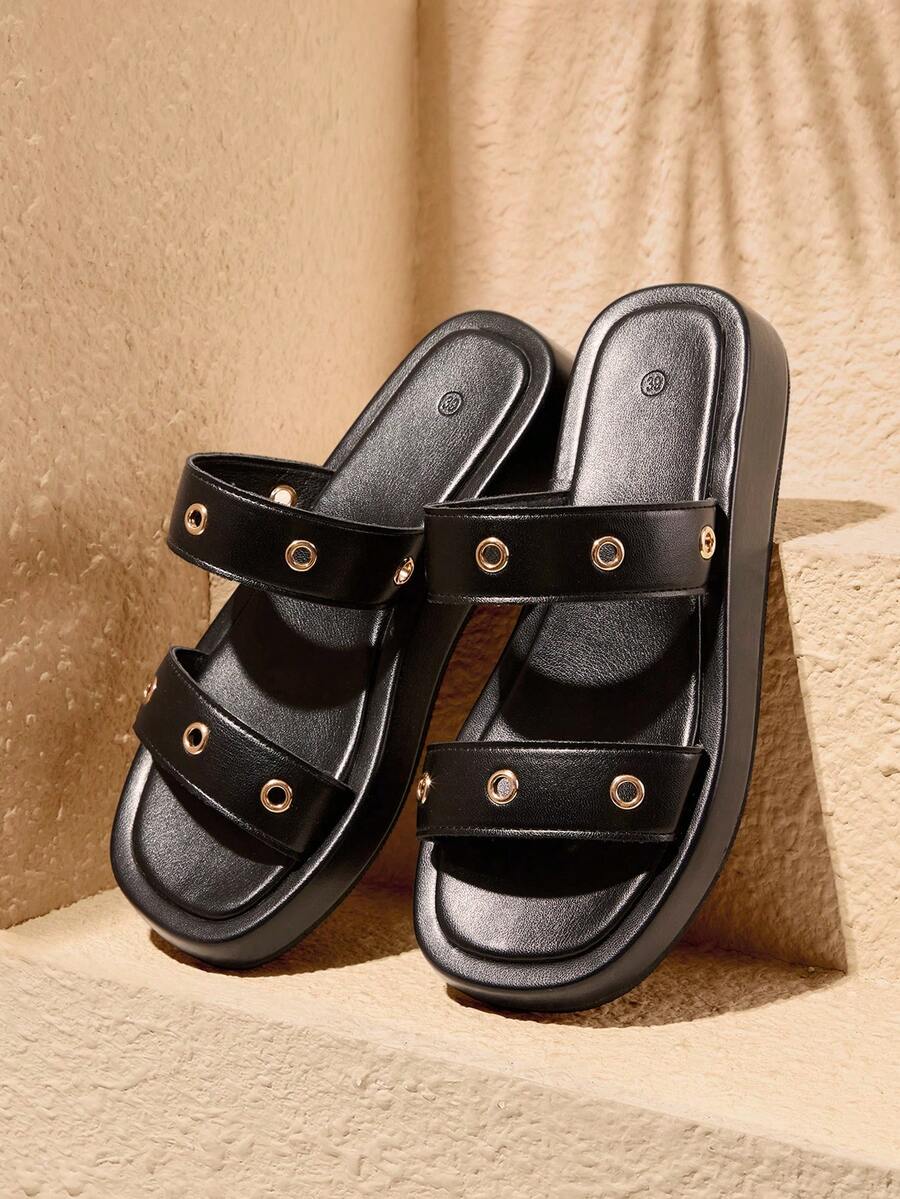 HighSole Spring And Summer New Metal Rivets Double With Open Toes Thick Bottom Black Personalized  Sandals Women Wear Shopping Travel Versatile - Black - View 1