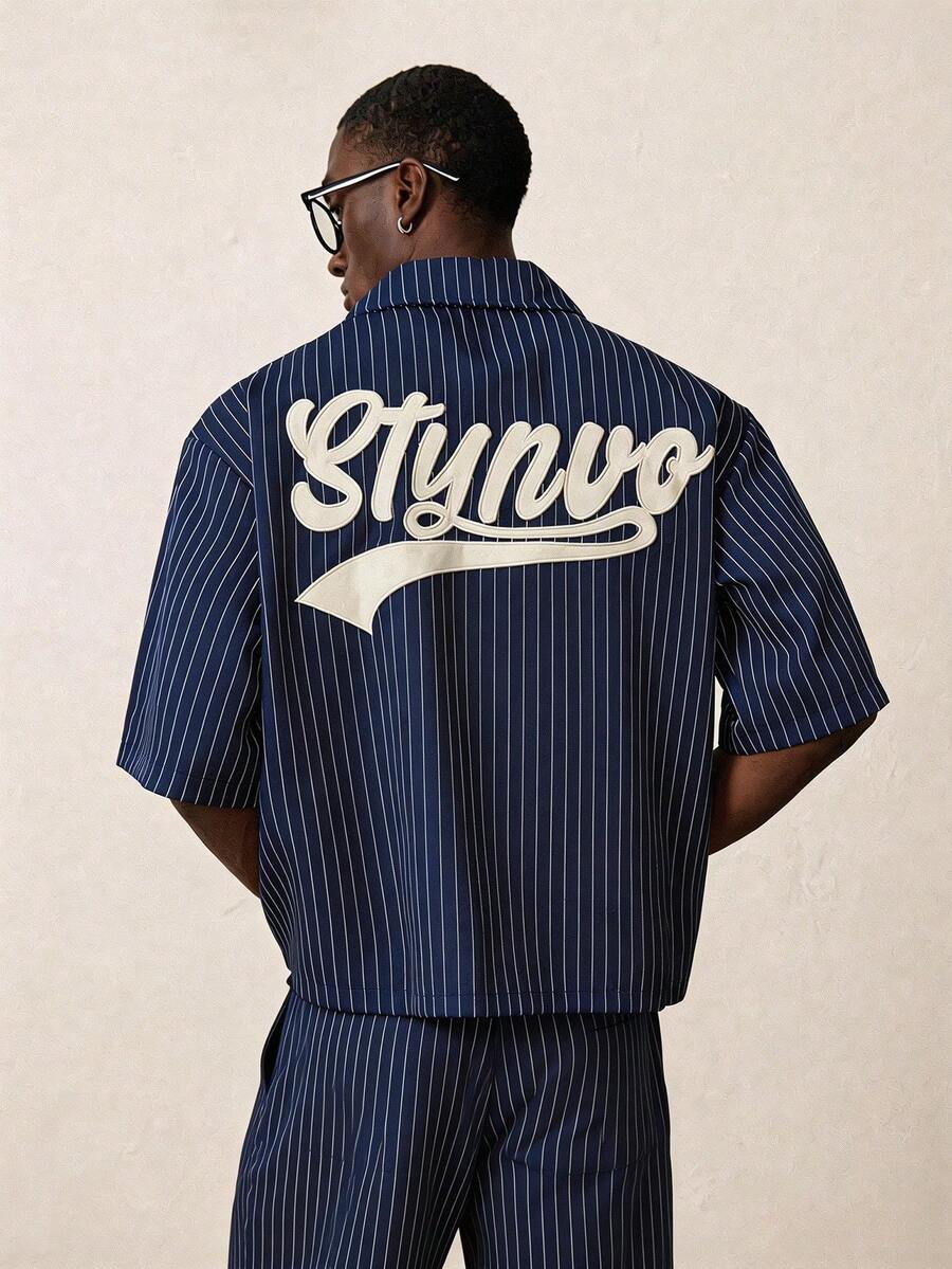 STYNVO 男士大尺碼條紋字母刺繡襯衫與短褲套裝 - 藏蓝色 - 查看 1