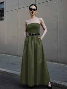 Siren Gaze 女式夏季上紧下宽针织拼接梭织休闲连衣裙，带侧袋 - 綠色 - 查看 3