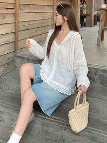 DAZY Women's Hooded Long Sleeve Loose Textured Fabric Lace Patchwork Casual Vacation Style Regular Jacket - White - View 5