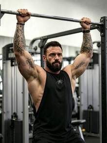 GymBeat 男士運動蜘蛛圖案無袖健身背心，寬鬆訓練上衣，健身房適用 - 黑色 - 查看 3