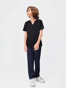 SHEIN 青少年男孩素色腰部抽繩口袋休閒長褲 - 藏蓝色 - 查看 3