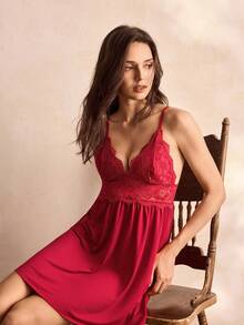 Charlaine Camisola de Pijama com Renda em Contraste - Vinho - Visão 6