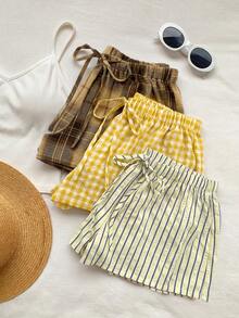 Comfortcana Women's Summer Casual Plaid & Striped Shorts 3pcs Set - Multicolor - View 5