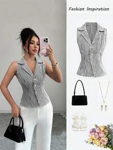 Elenzga Elegante gestreifte sexy Sommerweste für Damen, Urlaubslook - Schwarz und Weiss - Übersicht 3