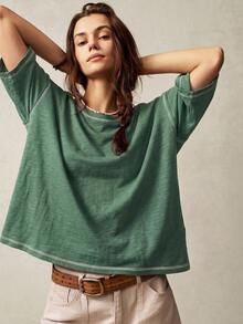 Bohemela Casual Solid Color Knit Round Neck 3/4 Sleeve Loose Washed T-Shirt Holiday Forest Green Autumn - Dark Green - View 7
