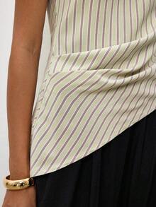 Maija Damen One-Shoulder Top mit verdrehtem Saum, asymmetrisches gestreiftes Top, Vintage Old Money Lehrerinnen-Stil, romantische Mode, vielseitiges Sommer-Party-Top für Strand, Urlaub, Ausflüge, Abschlussfeier, elegante Bluse, lässiges Hemd, formelle Kleidung für Arbeit und Büro - Verschiedenfarbig - Übersicht 5