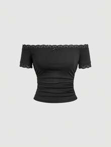 SHEIN MOD 女士黑色蕾丝拼接露肩修身短袖T恤 - 黑色 - 查看 5
