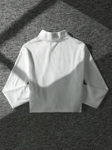 青少年女孩時尚休閒白色羅紋高彈性立領夾克，適合青少年女孩，常規長袖，白色拉鍊短夾克，白色短拉鍊夾克，秋冬服飾，返校季 - 白色 - 查看 2
