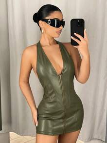 SHEIN ICON 深V掛脖雙拉鍊貼身緊身PU迷你洋裝 - 軍綠色 - 查看 6