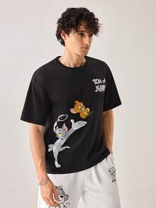 Strevion TOM & JERRY 男士休闲百搭汤姆和杰瑞元素印花短袖T恤 - 黑色 - 查看 3