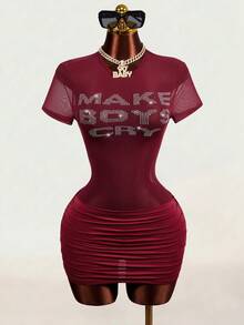 Mistrie Women's Short Sleeve Rhinestone Embellished Ruched Hem Dress - Burgundy - View 5