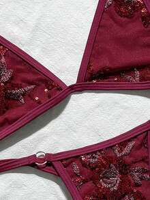 Swim SXY 女款夏季海灘亮片掛脖綁帶性感比基尼三角泳褲兩件式泳衣套裝 - 酒紅色 - 查看 9