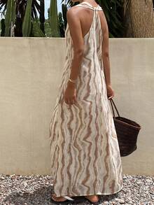 DAZY Floral Tie-Dye Spaghetti Strap Backless Dress, Elegant Vacation Summer Long Dress For Women - Khaki - View 2