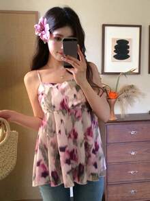 DAZY Ditsy Floral Backless Camisole Casual Vacation Summer Women's Tank Top - Pink - View 6