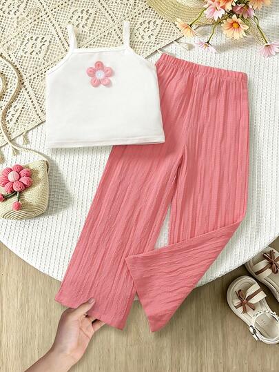 SHEIN Elladie kids 2pcs Young Girl Soft Cute Energetic Style White Sleeveless Camisole Top And Pink Pleated Wide Leg Pants Set, 3D Flower Decoration On Chest, Suitable For Daily Wear, Weekend Outings, Family Activities, Back To School, Spring And Summer