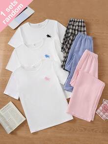 SHEIN Teen Girls Pony Print White Short Sleeve Striped Bubble Check Long Pants Set, Random Surprise Blind Box 3-In-1, Loungewear - Multicolor - View 4
