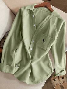 Resyla Women's Solid Color Minimalist Relaxed Fit Heavy Embroidery Knight V-Neck Long Sleeve Blouse - Green - View 1