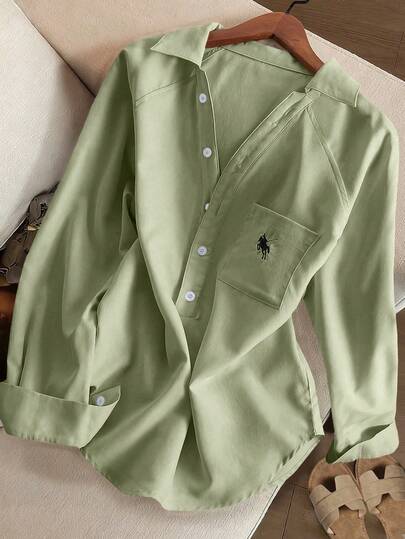 Resyla Women's Solid Color Minimalist Relaxed Fit Heavy Embroidery Knight V-Neck Long Sleeve Blouse