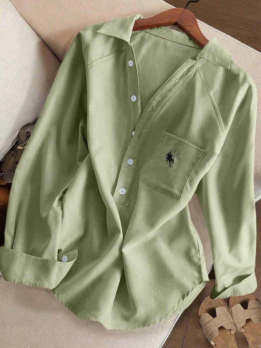 Resyla Women's Solid Color Minimalist Relaxed Fit Heavy Embroidery Knight V-Neck Long Sleeve Blouse - Green - View 1