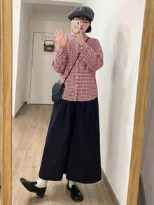 DAZY 女款格紋長袖單排扣休閒通勤襯衫 - 酒紅色 - 查看 7