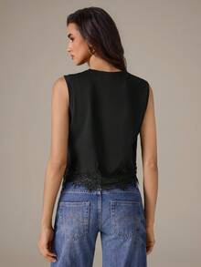 SHEIN Tall 純色蕾絲下擺拼接圓領無袖背心上衣 - 黑色 - 查看 2