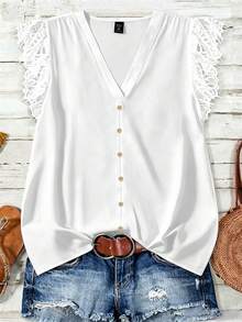 EMERY ROSE Plus Size Lace Patchwork V-Neck Button Decor Shirt Suitable For Summer Wear - White - View 1