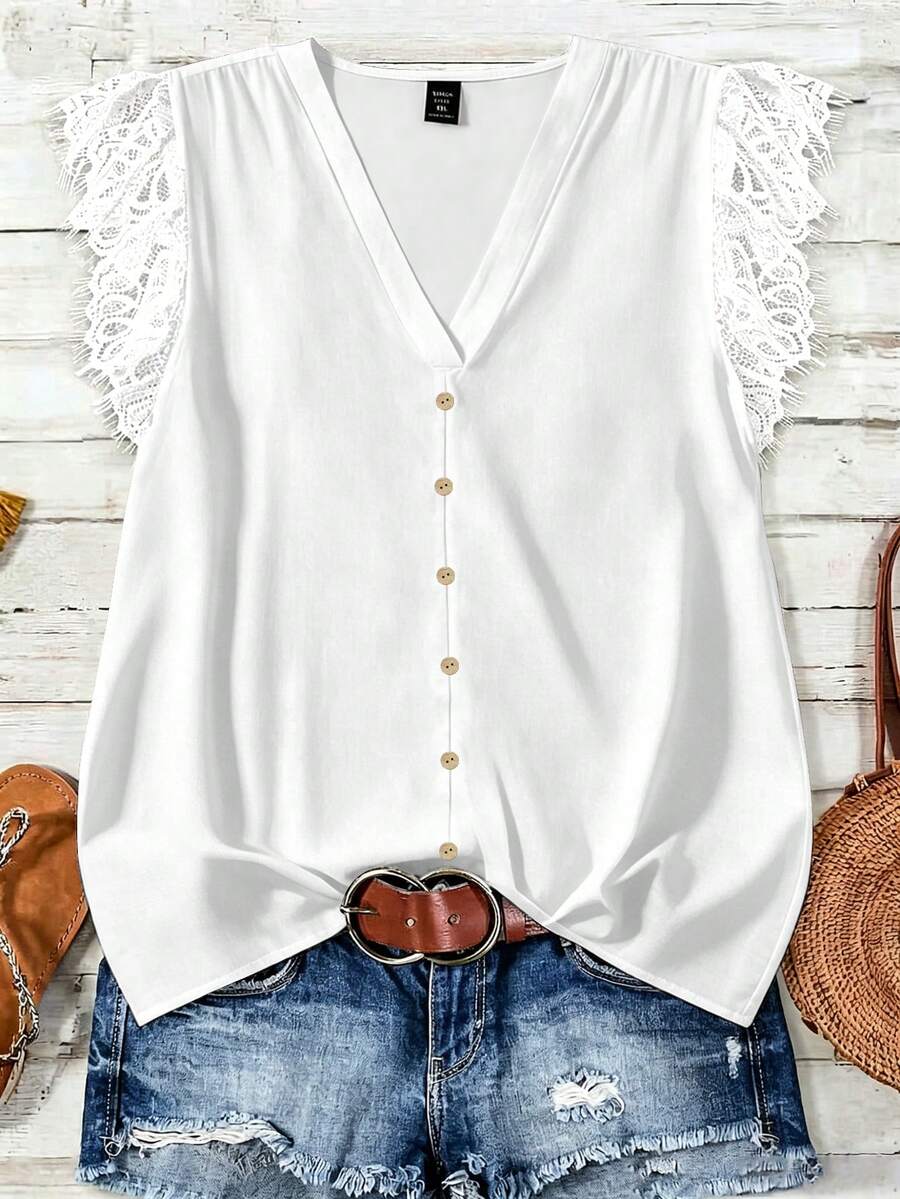 EMERY ROSE Plus Size Lace Patchwork V-Neck Button Decor Shirt Suitable For Summer Wear - White - View 1
