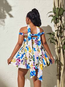 Maweii Plus Size Summer Elegant Floral All-Over Print Off-Shoulder Dress - Multicolor - View 2