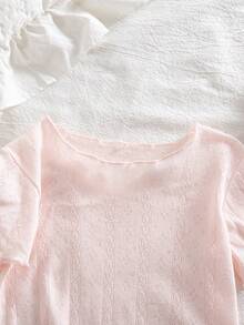 SHEIN Vintaside Kids 夏季女嬰純棉提花針織親膚舒適面料素色短袖長褲休閒熱銷款 2件/多件套 女孩喜愛休閒修身睡衣家居服 - 淺粉色 - 查看 3