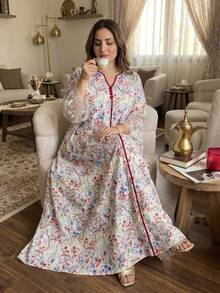 Al Najma Plus Size Women's Loose Arabic Style Midi Dress, 3/4 Sleeve With Chiffon Cuff Splice, Suitable For Summer Everyday Wear - Multicolor - View 4