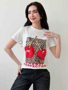 Yasmeen Edit Yasmeen Edit Leopard Print Cherry Graphic Round Neck Casual Short Sleeve T-Shirt For Women White Summer - White - View 3