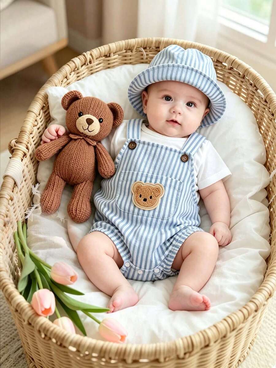 SHEIN Newborn Baby T-Shirt Striped Jumpsuit And Hat Set - Blue and White - View 1