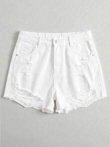 SHEIN Plus Size Fashion Casual Everyday Formal Vacation Versatile Distressed Denim Shorts White Summer - White - View 3