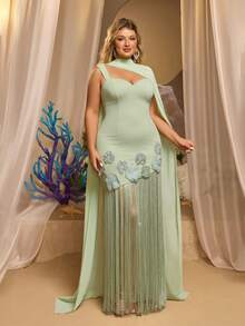 Glamrae Plus Size Elegant Formal Sage Green Scarf Drape Wave Chest Elastic Knit Patchwork Sequin 3D Flower Decor Long Dress Wedding Guest Dinner Evening - Green - View 8