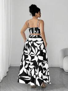 Elenzga Vestido elegante de mujer talla grande con tirantes finos, cintura fruncida y diseño de línea A, estampado de hojas de dos colores, diseño de cintura estilizante, vestido elegante y sofisticado adecuado para volver al colegio, graduación, San Valentín, festival de música, Día de la Madre, Halloween, Acción de Gracias, Pascua, Día Nacional, baile de graduación, cita, boda, actividades al aire libre - Blanco y Negro - Ver 2