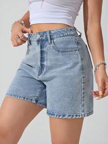 SHEIN Unity Quần short denim nữ dáng rộng, chất liệu denim mài, có túi xéo, thích hợp cho mùa hè. - Rửa nhẹ - Xem 6