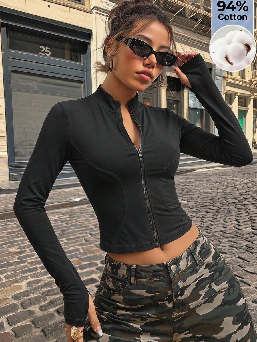 SHEIN EZwear 女款 Y2K 運動街頭風連帽拉鍊外套，拇指孔設計，全黑，適合秋季健身房運動健身