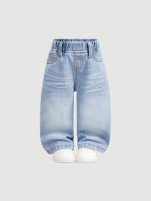 SHEIN 女嬰時尚休閒 Y2K 復古酷感街頭可愛基礎簡約懷舊水洗藍寬鬆牛仔褲，適合日常穿著、春夏 Rave 音樂節與街頭穿搭 - 淺色水洗藍 - 查看 3