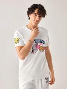 Strevion TOM & JERRY Kaos Pria Minimalis "Sahabat Terbaik" Berkerah Bulat Lengan Pendek, Musim Panas - Putih - View 4