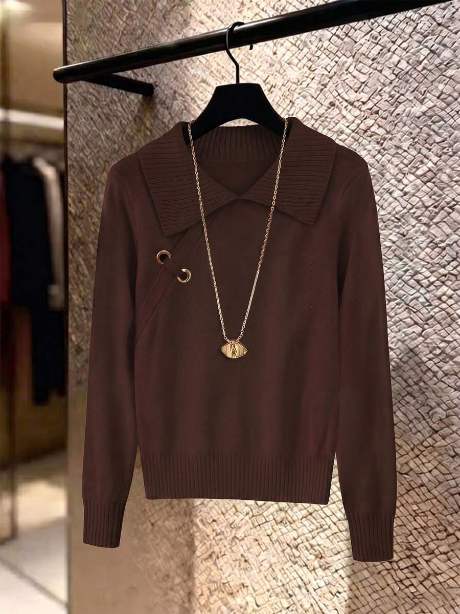 GlowEve Women's Turndown Collar Oblique Side Metal Ring Decor Fashionable Versatile Sweater - Coffee Brown - View 1