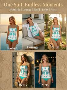 Swim Lushoire 2pcs Women's High Elasticity Green White Floral Print Bikini Set,Bandeau Top&Solid Triangle Bottom,Boho Summer Holiday Pool Party Elegant Swimwear - Multicolor - View 5
