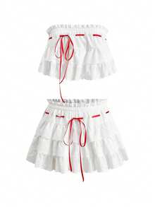 Sweetness Spring Summer Cute Girl's Sweet Layered Ruffle Bandeau Top And Mini Skirt 2-Piece Set Golf White Sexy - White - View 12